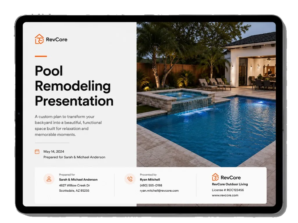 RevCore in-home sales presentation showing Good, Better, Best options on a tablet