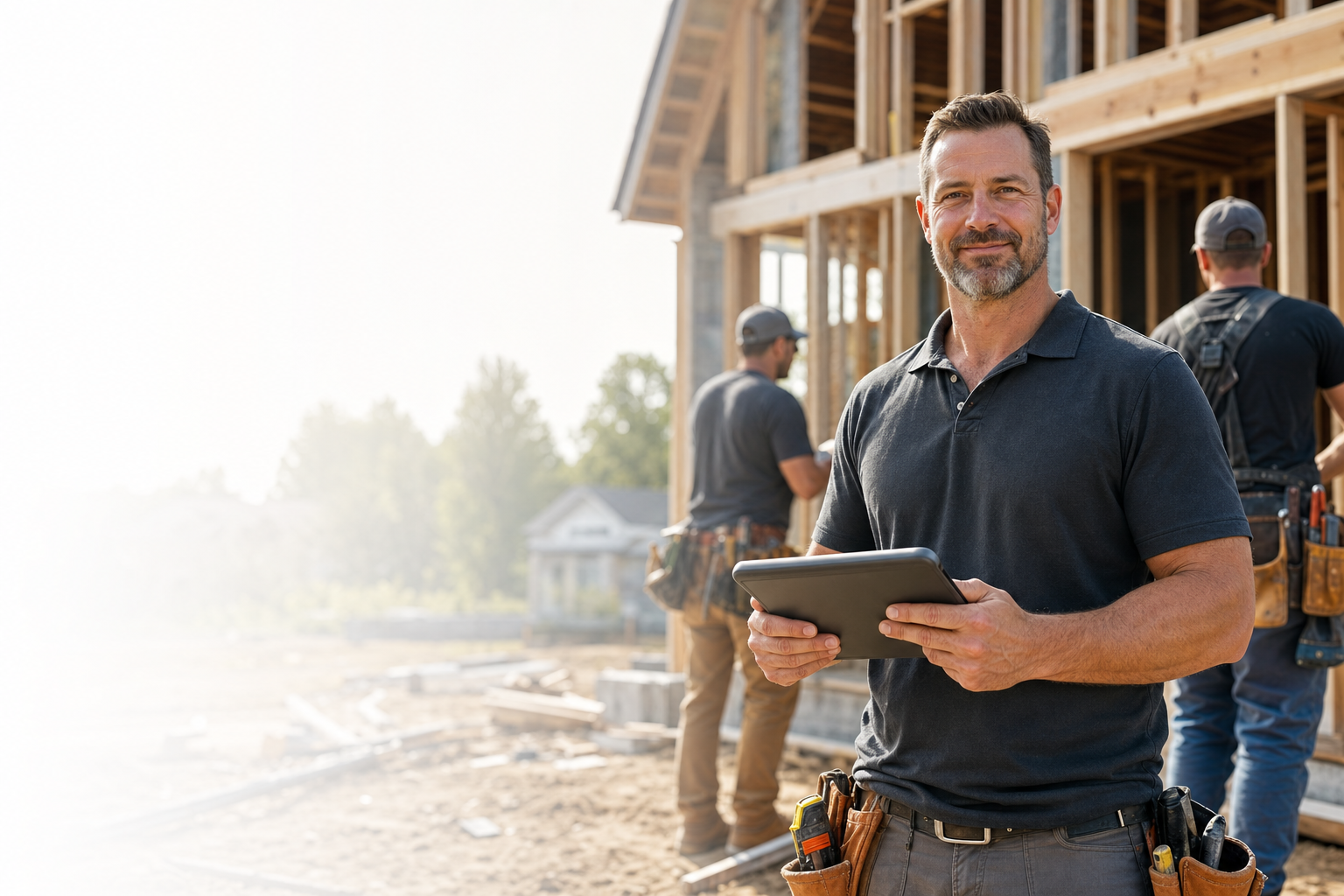 A general contractor holding a tablet with his crew on a residential jobsite