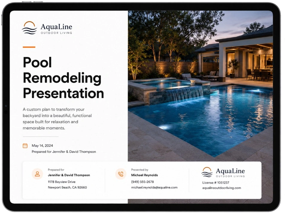 In-home sales presentation on iPad showing a branded deck with Good, Better, Best options